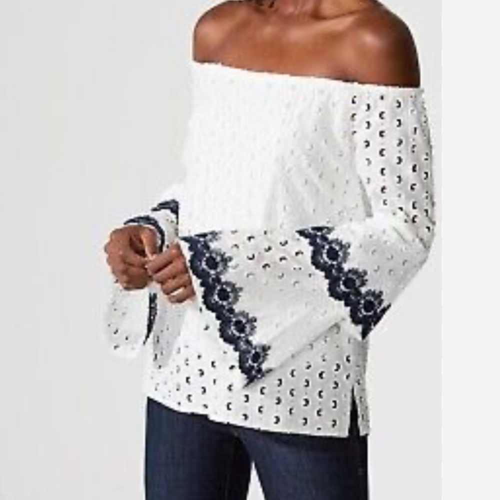Bailey44 White Eyelet Off Shoulder Phlox Bell Sleeve Blouse